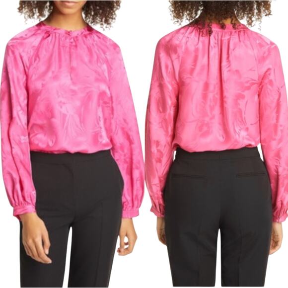 Tanya Taylor Hot Pink Amy Silk Floral Keyhole Blouse - Picture 1 of 11